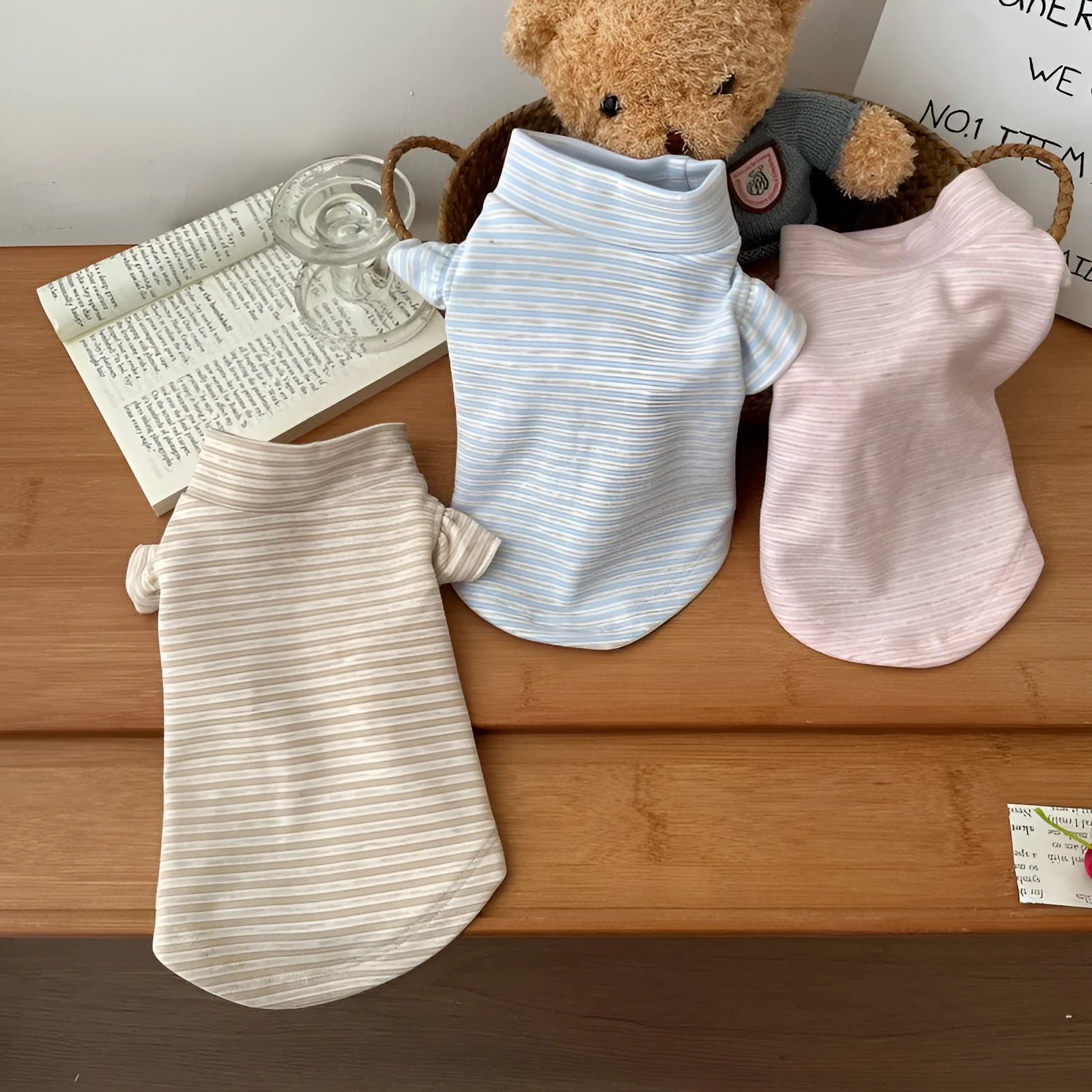 Striped turtleneck flounced sleeve pet clothes in coffee, polyester base layer shirt for dogs and cats