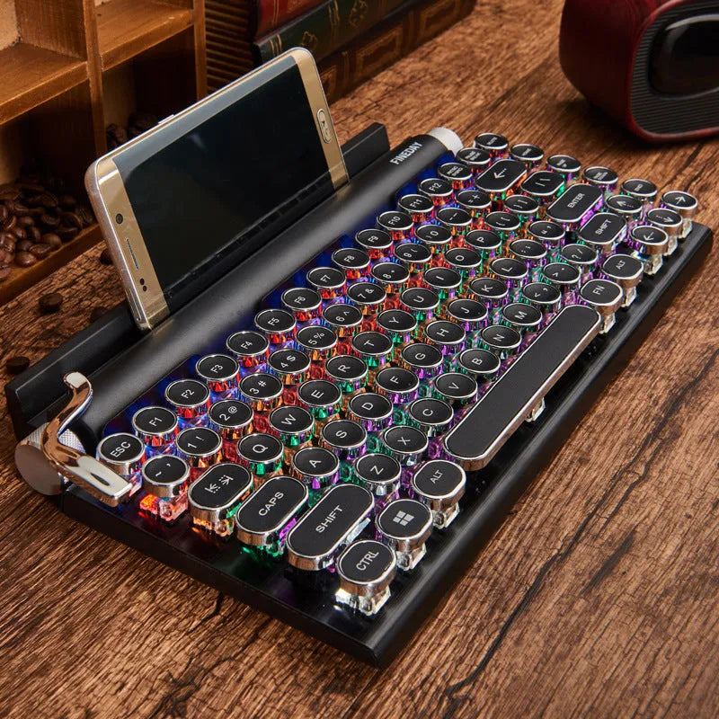 Black retro typewriter style mechanical keyboard with backlit keys