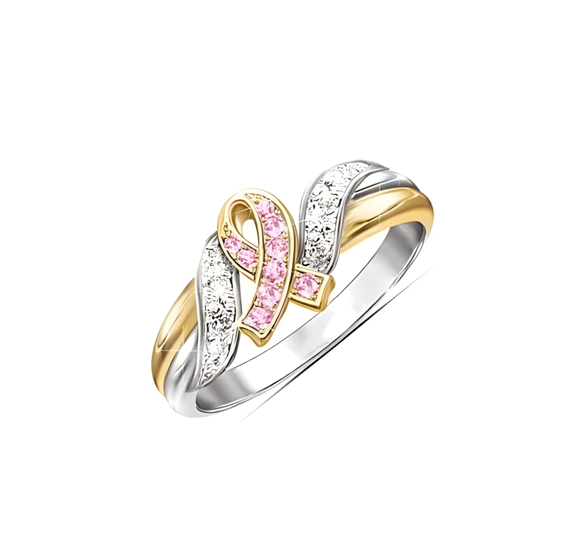 18k yellow gold plated ribbon engagement ring with pink diamond inlay on white background