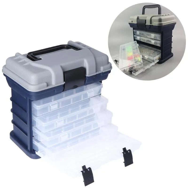 Portable lure fishing box open showing four inner boxes and main compartment with lid