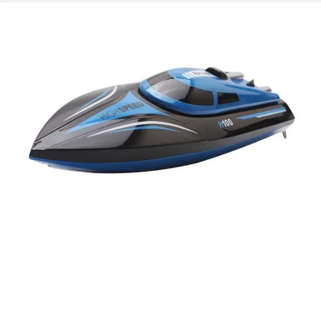 Blue speed racing RC boat on water, with remote control transmitter featuring LCD screen