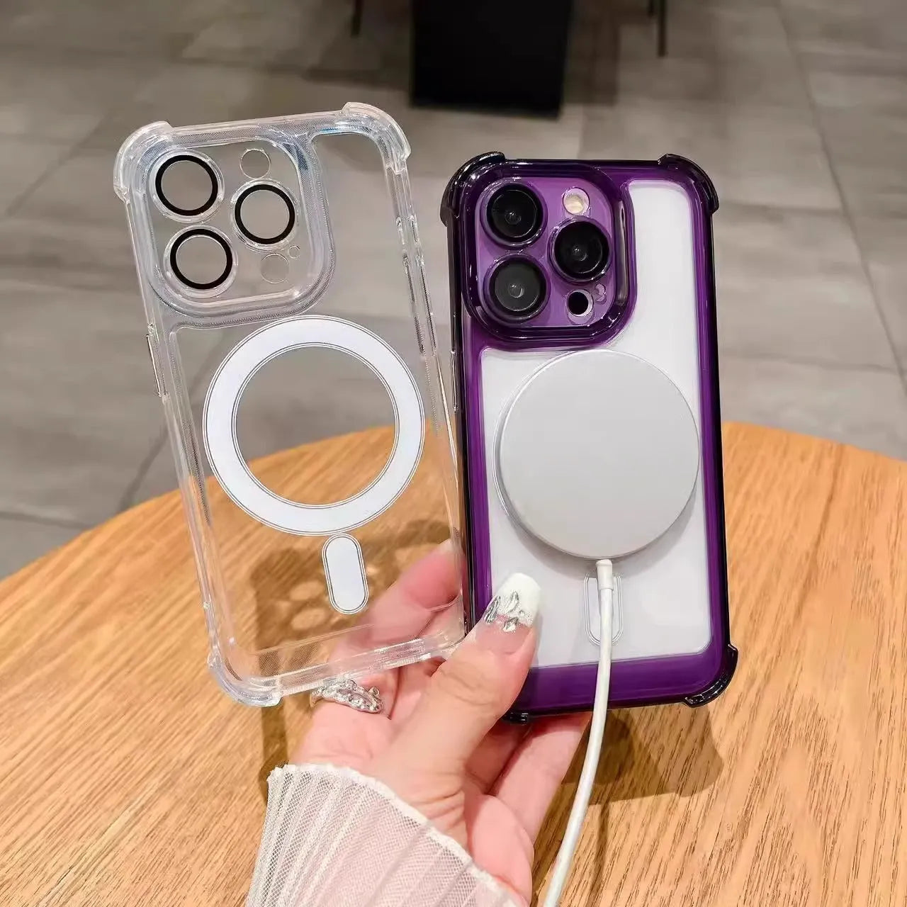 Transparent airbag silicone phone case with magnetic rings and raised lens protector for iPhone.