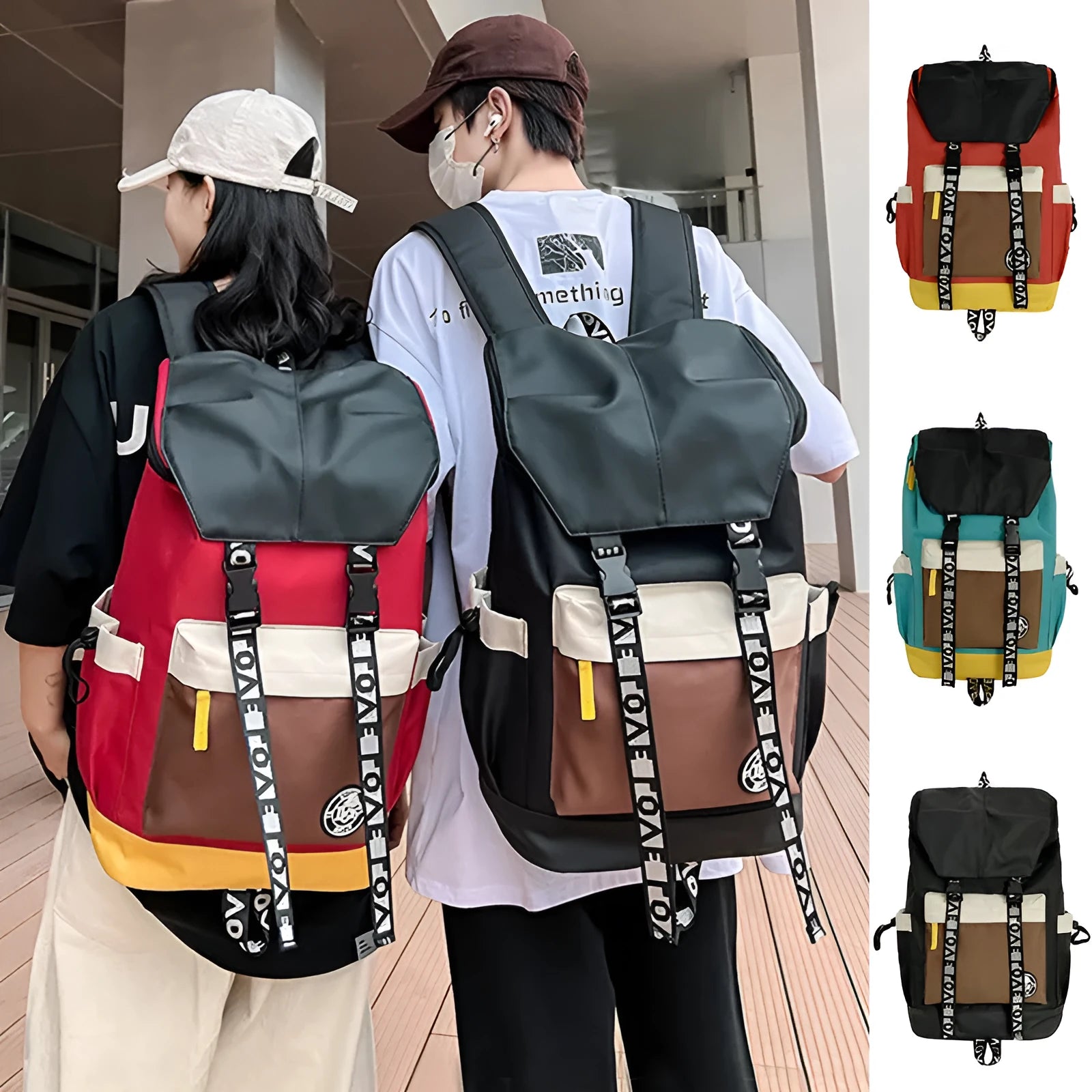 A mid-size black Oxford cloth backpack shown with handheld and two-shoulder carry options.