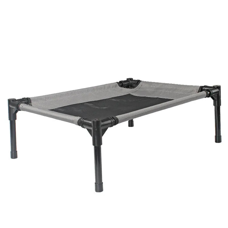Black outdoor dog bed with steel frame and Oxford cloth cover measuring 55cm by 43cm