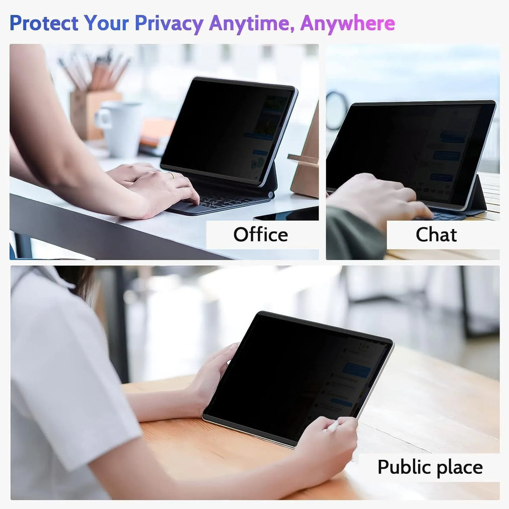 Magnetic anti peeping film and storage clip for iPad on a table