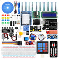 Arduino R3 starter kit with blue UNO board, breadboard, sensors, motors and electronic components