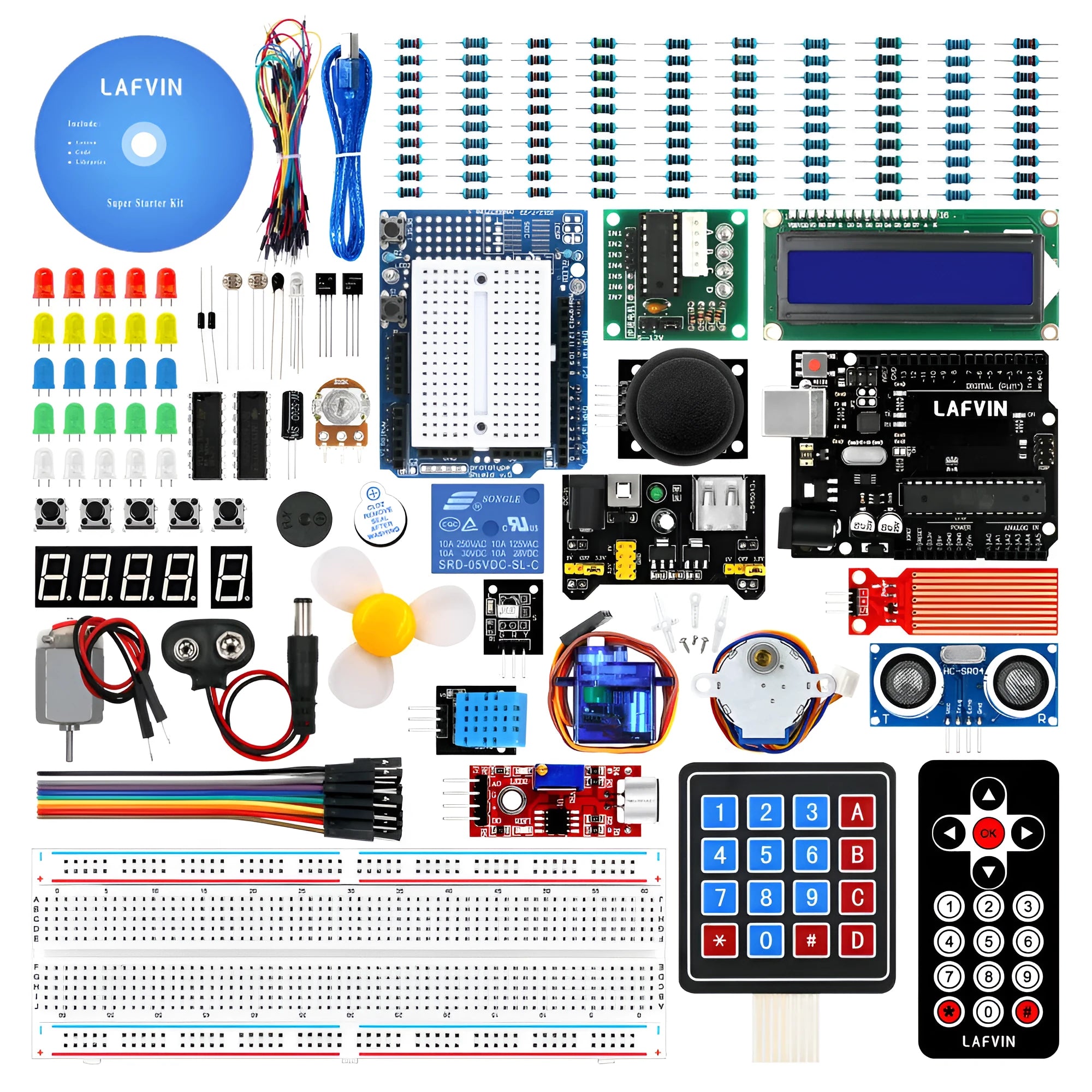 Arduino R3 starter kit with blue UNO board, breadboard, sensors, motors and electronic components