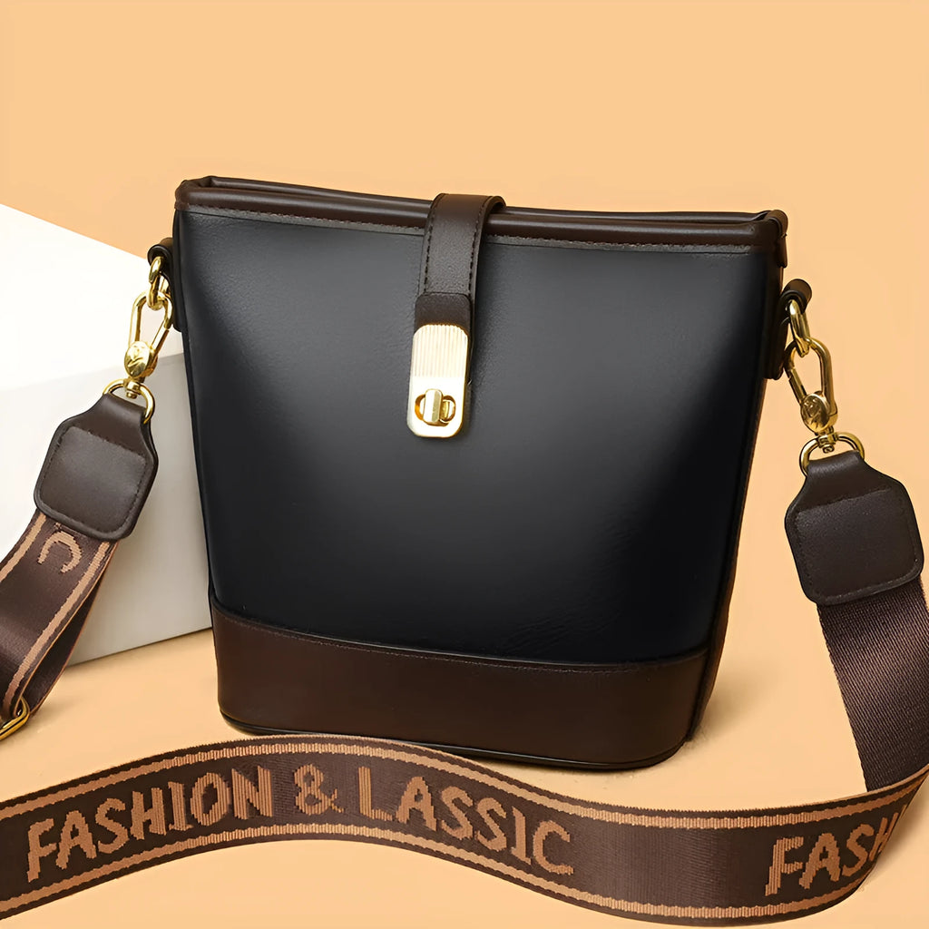 Korean style black bucket shoulder bag with adjustable straps and organised interior compartments