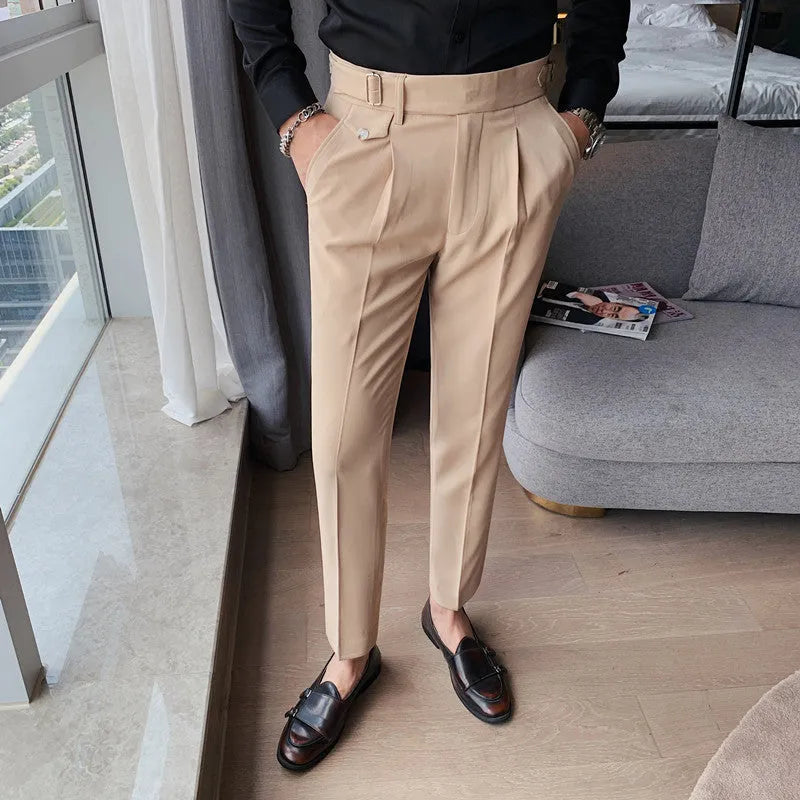 Straight-leg casual polyester trousers on a hanger, shown in a solid colour.