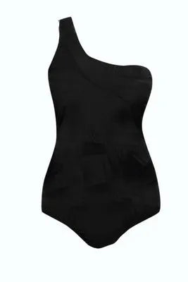 Women's solid black one-piece swimsuit with chest pad, available in XL, 2XL, and 3XL plus sizes.