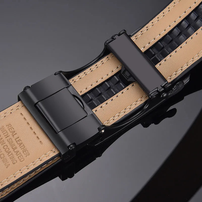 Men's black two-layer cowhide click belt with embossed striped pattern and rectangular glossy alloy buckle