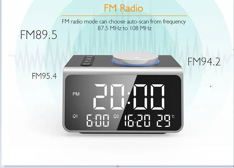 FM radio alarm clock with USB charging port and 3-inch digital display on a bedside table