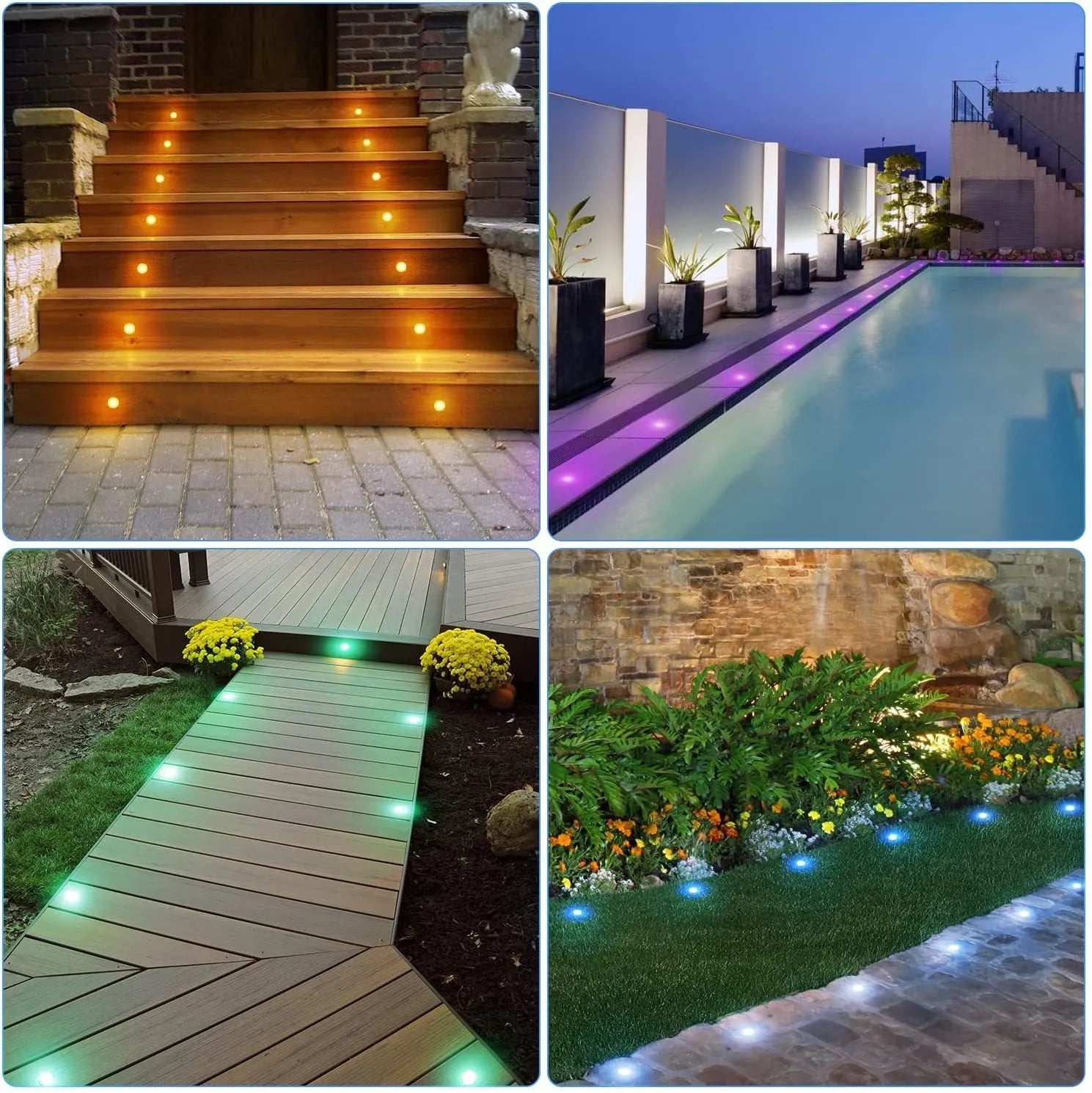 White RGB outdoor LED deck light 10-pack with solar panel and remote control, IP67 waterproof