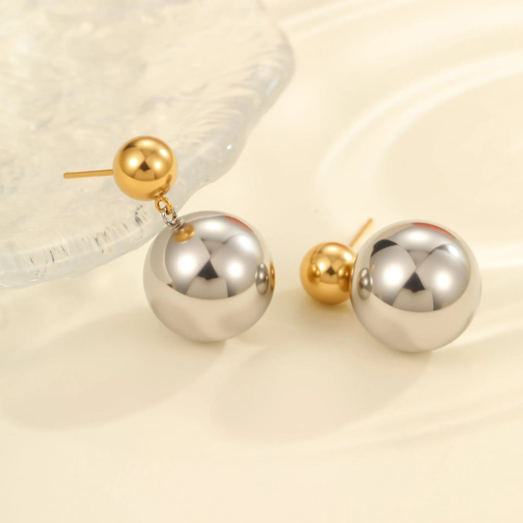 Women's stainless steel colour-block ear studs with round geometric beads and 18K gold plating