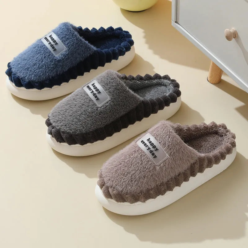 Men's thick sole colour-block fleece slippers in coffee, grey, and navy blue with suede upper and non-slip PVC sole