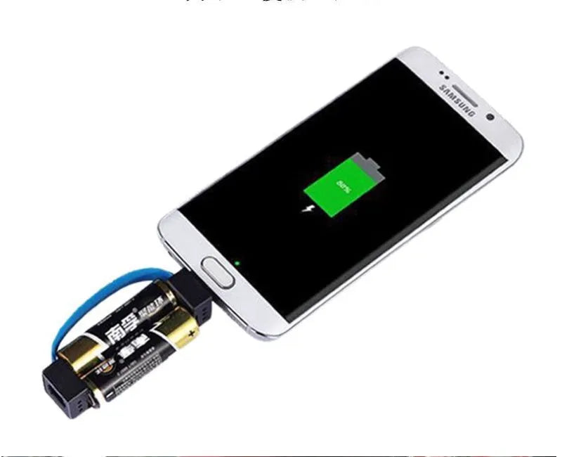 Portable multifunctional mobile phone emergency charger with two AA dry batteries, plastic shell, 17x17mm size, available in black red and blue