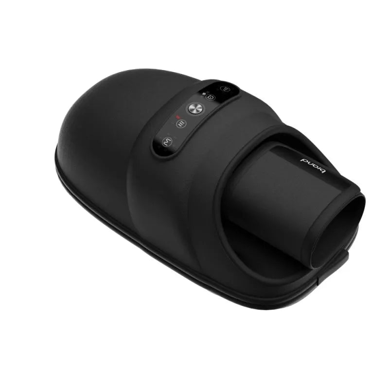 Intelligent electric hand massager with hot compress in black colour, multi-point massage pads, and USB charging cable on a desk