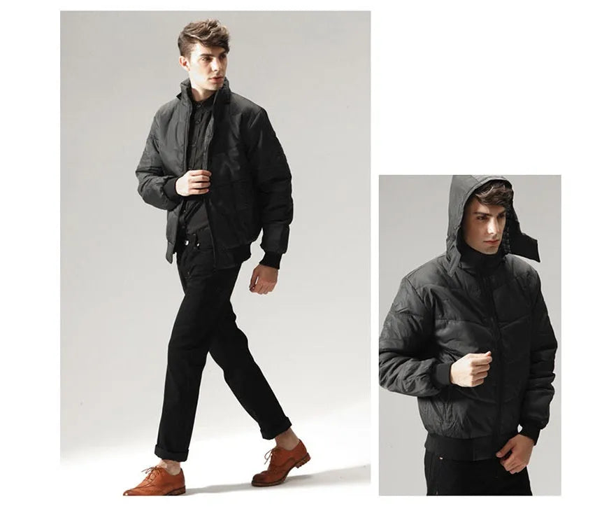 Black winter parka for men with detachable hood, full zip front, and multiple pockets, shown front view