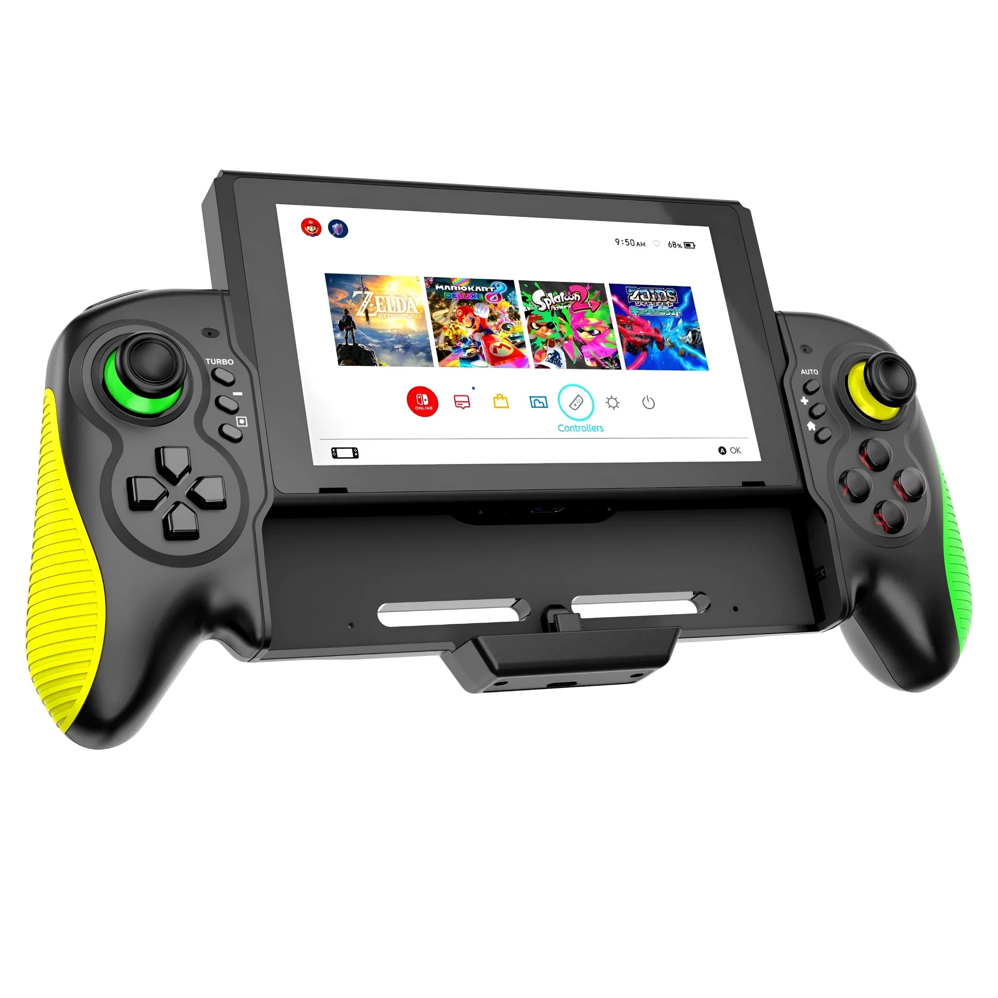 Yellow-green game controller for Nintendo Switch and PC with in-line handle design and somatosensory burst function