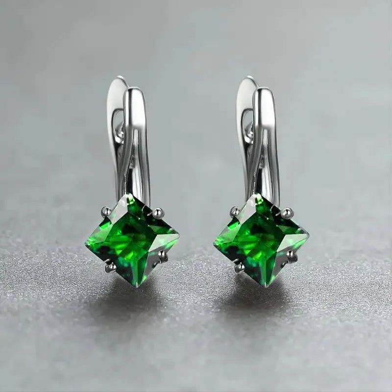 Women's copper earrings with a diamond design and inlaid zircon treatment in blue, green, or colour.