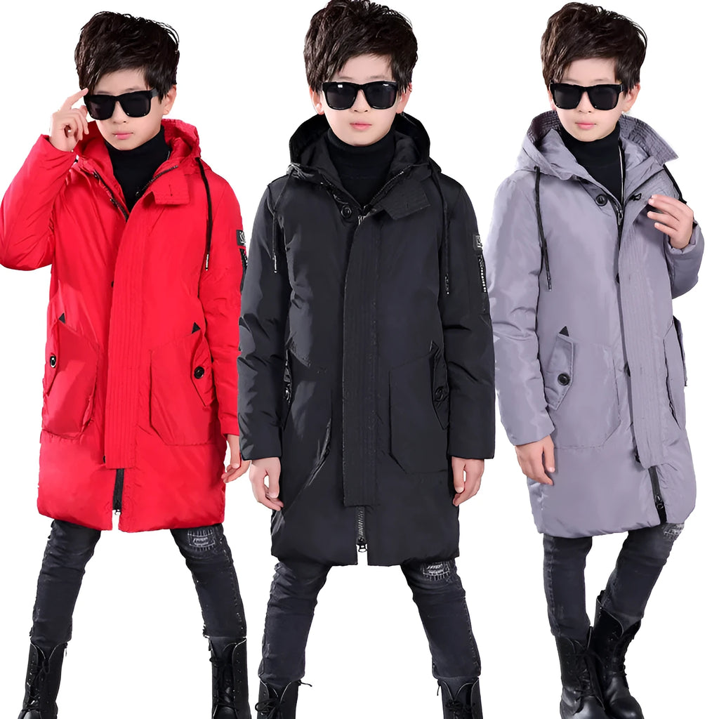 Boys mid-length hooded white duck down jacket in red, grey, black, khaki on memory cloth fabric with zipper closure
