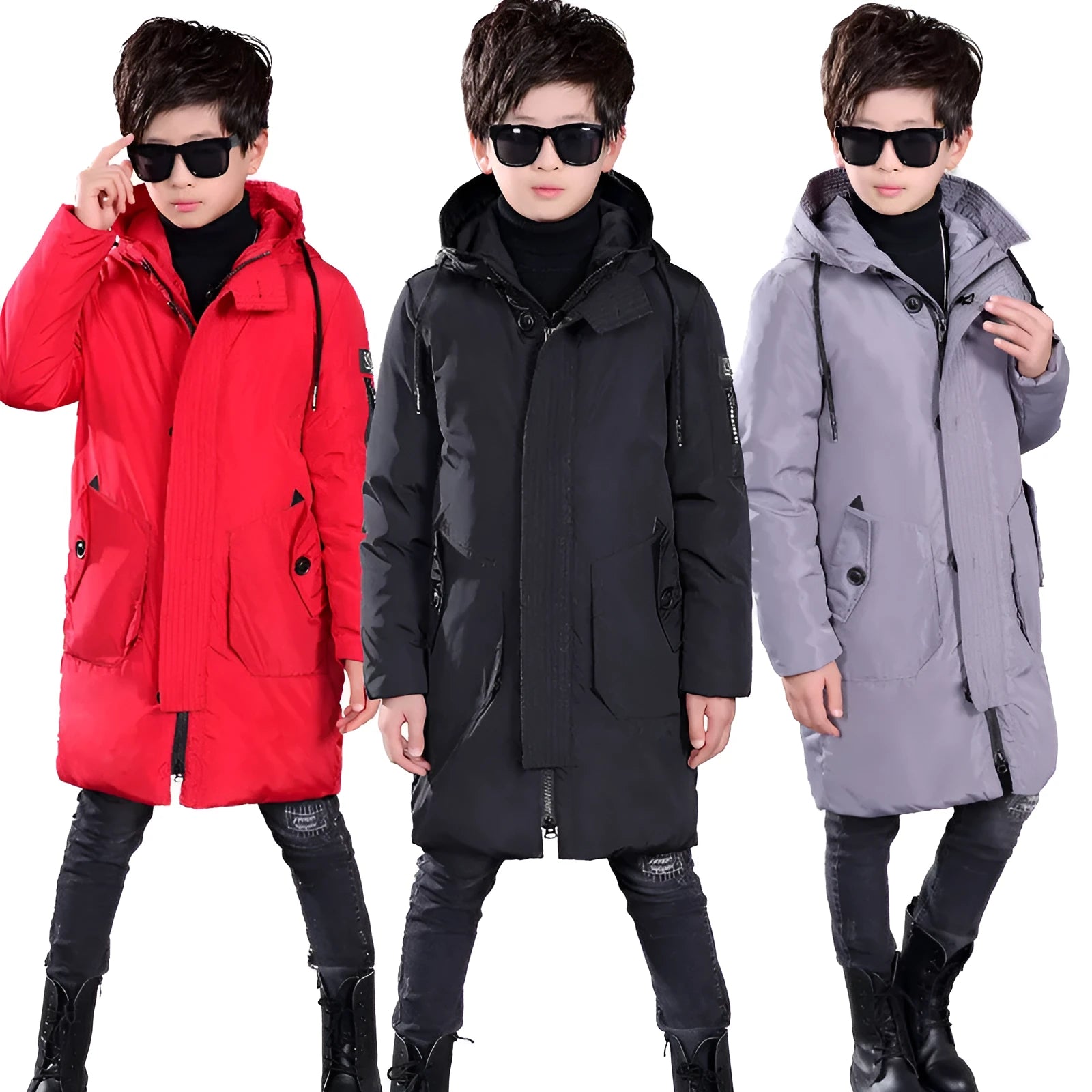 Boys mid-length hooded white duck down jacket in red, grey, black, khaki on memory cloth fabric with zipper closure