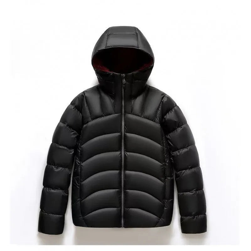 Unisex hooded down jacket in black, solid colour winter coat with ribbed cuffs and high down filling
