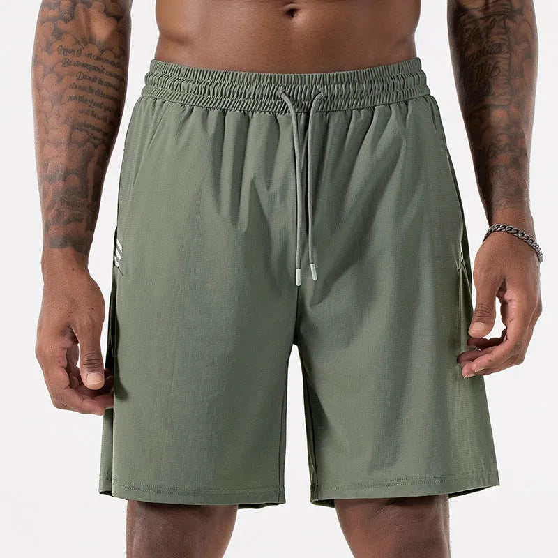 Men's black high-waist quick-drying nylon ice silk sports shorts on a hanger.