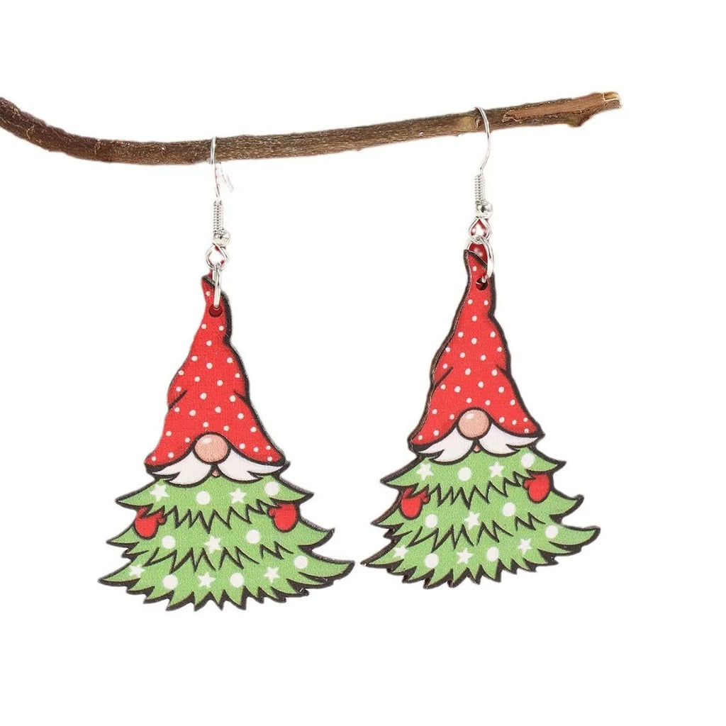 Christmas wooden earrings with printed tree and snowman designs