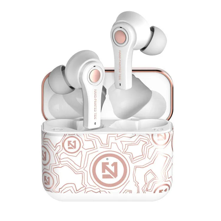 Black and white TWS wireless in-ear headphones with a matching Type-C charging case.
