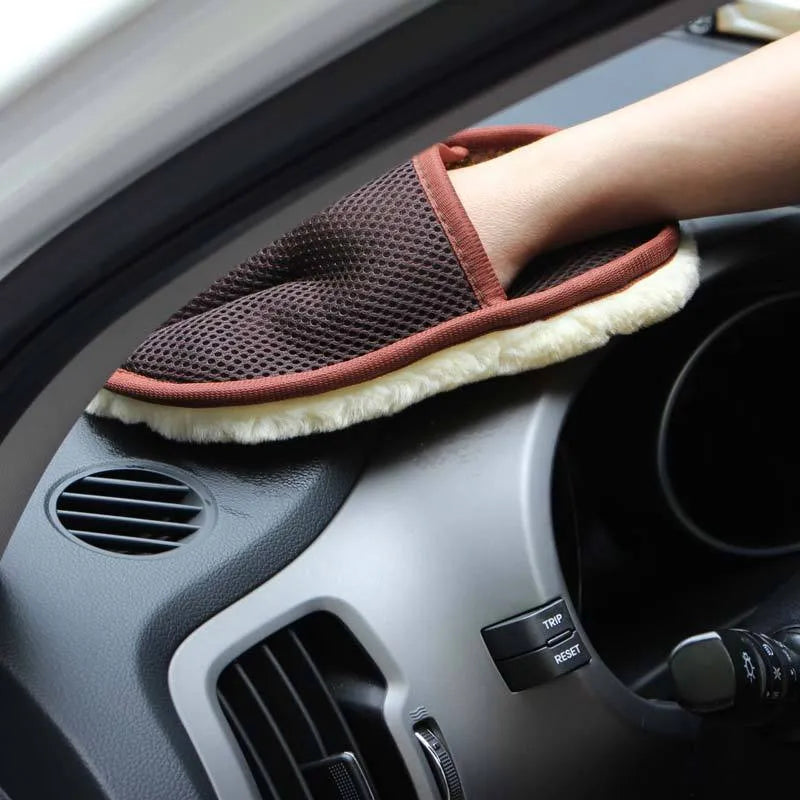Artificial wool car wash cleaning glove 24cm x 15cm with elastic cuff, shown in black colour option