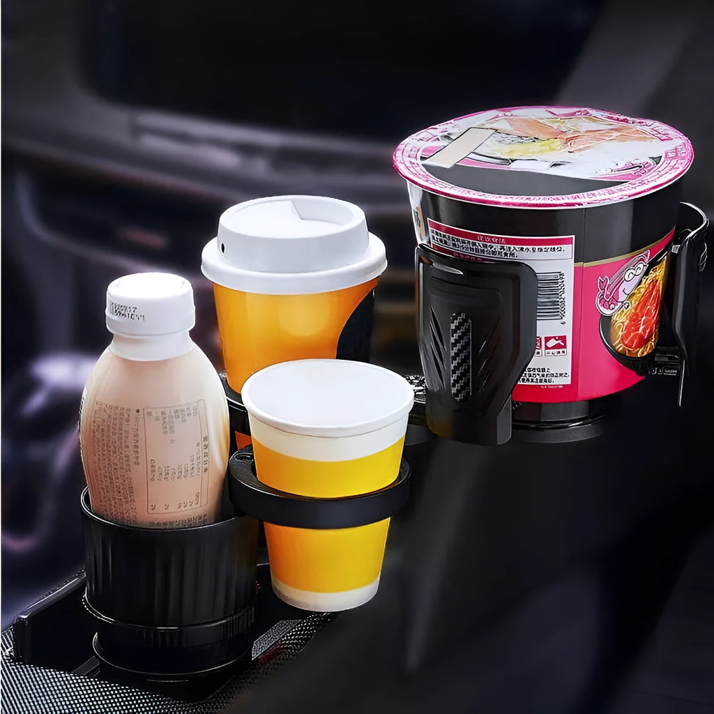 Black adjustable car cup holder with retractable base on a grey background.