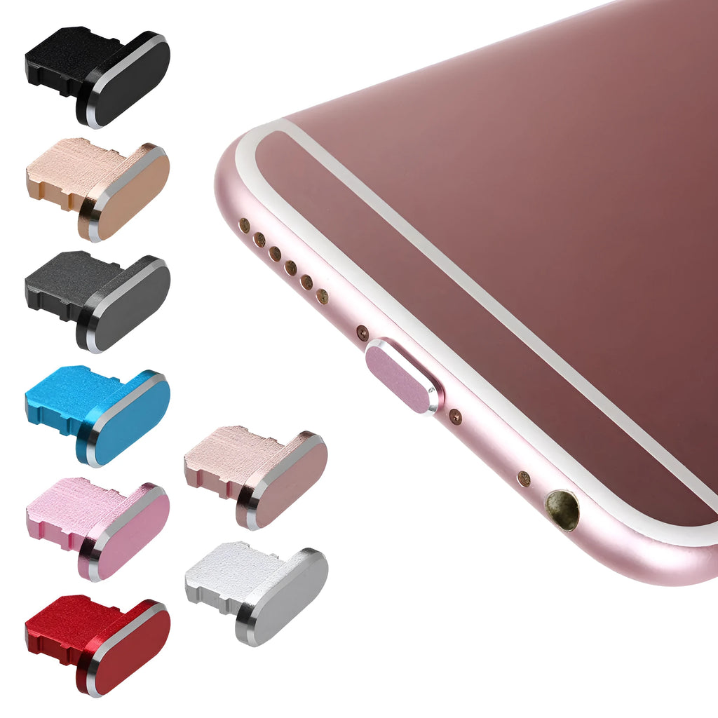 Aluminium alloy iPhone charging port dust plug in various colours on a dark background
