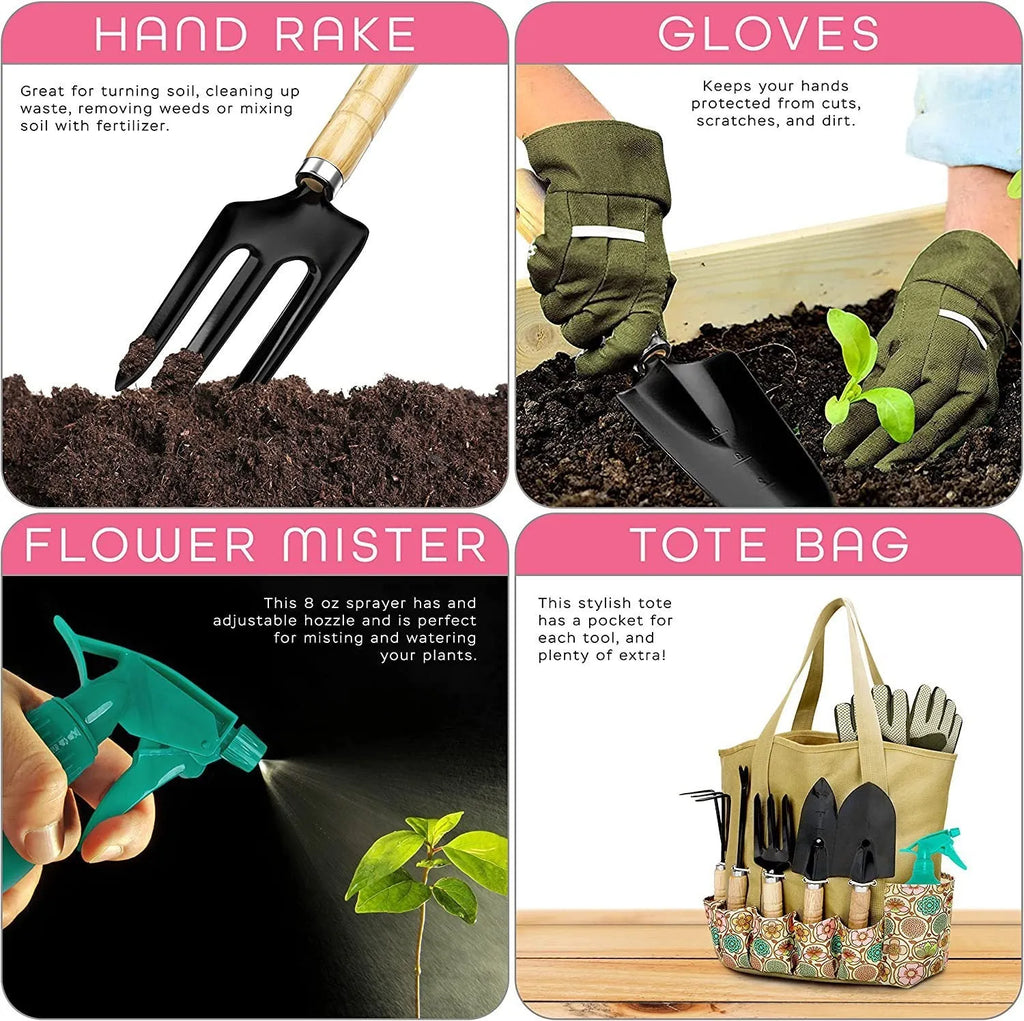 8-piece stainless steel gardening tools set including various garden implements for planting and maintenance