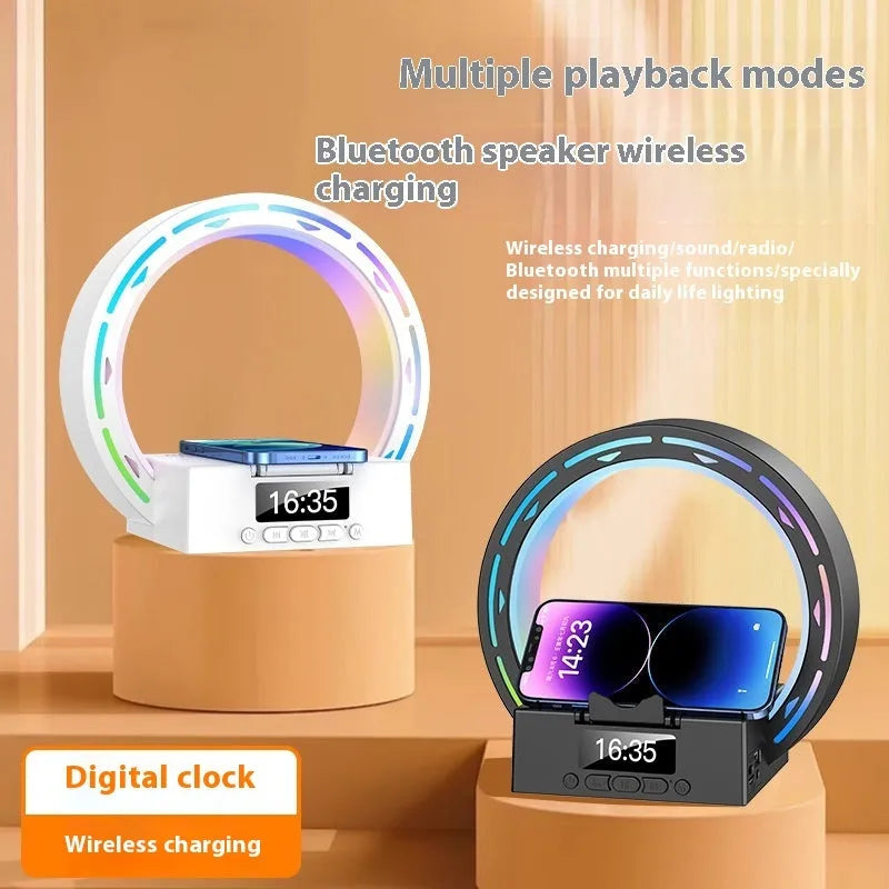 4-in-1 wireless Bluetooth speaker charging pad bedside lamp with alarm clock wake-up light in bedroom
