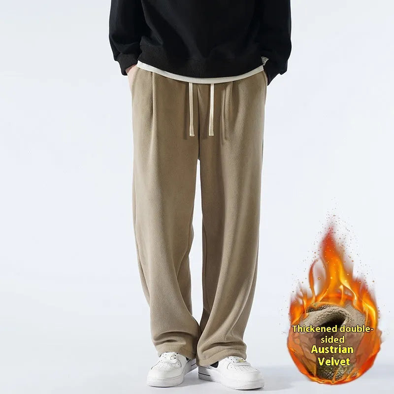 Men's double-sided polar fleece trousers with wool lining in loose Korean-style fit