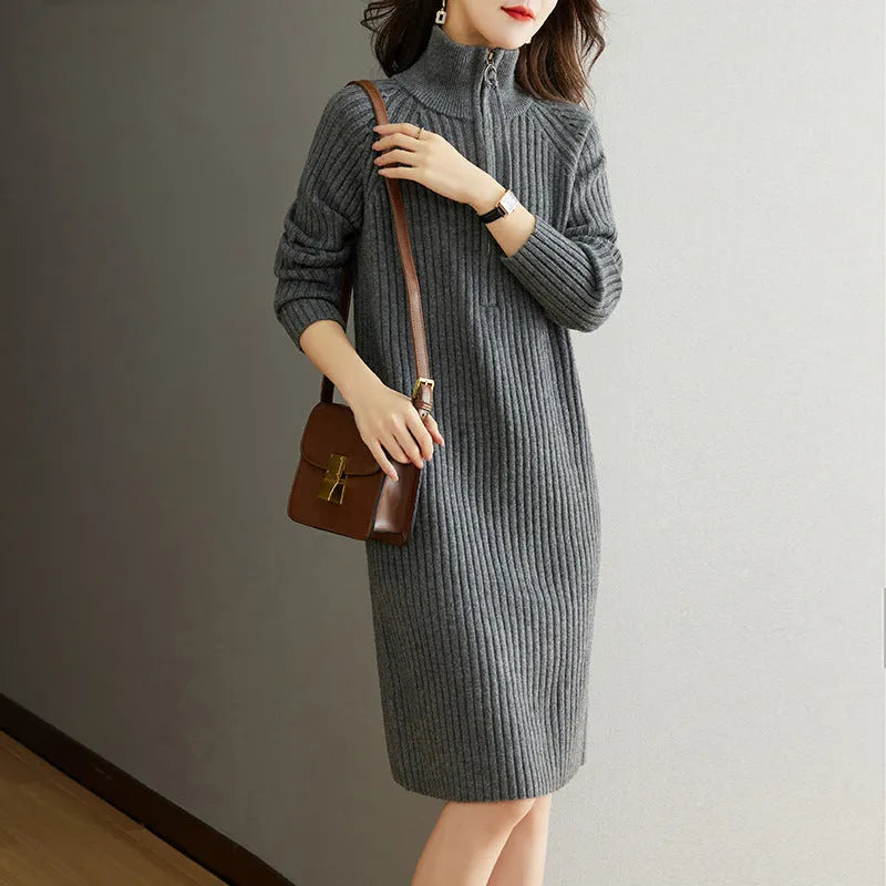 Beige woolen straight dress skirt with half zipper and stand collar, Japanese Korean casual style