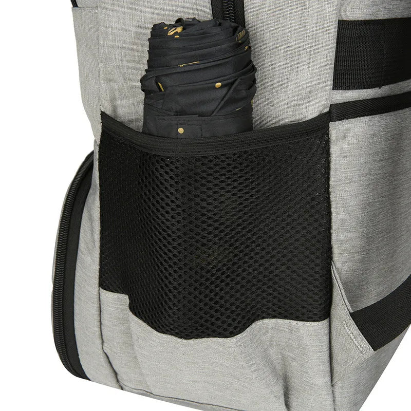 Light grey insulated Oxford cloth backpack with curved shoulder straps and dry wet separation compartments