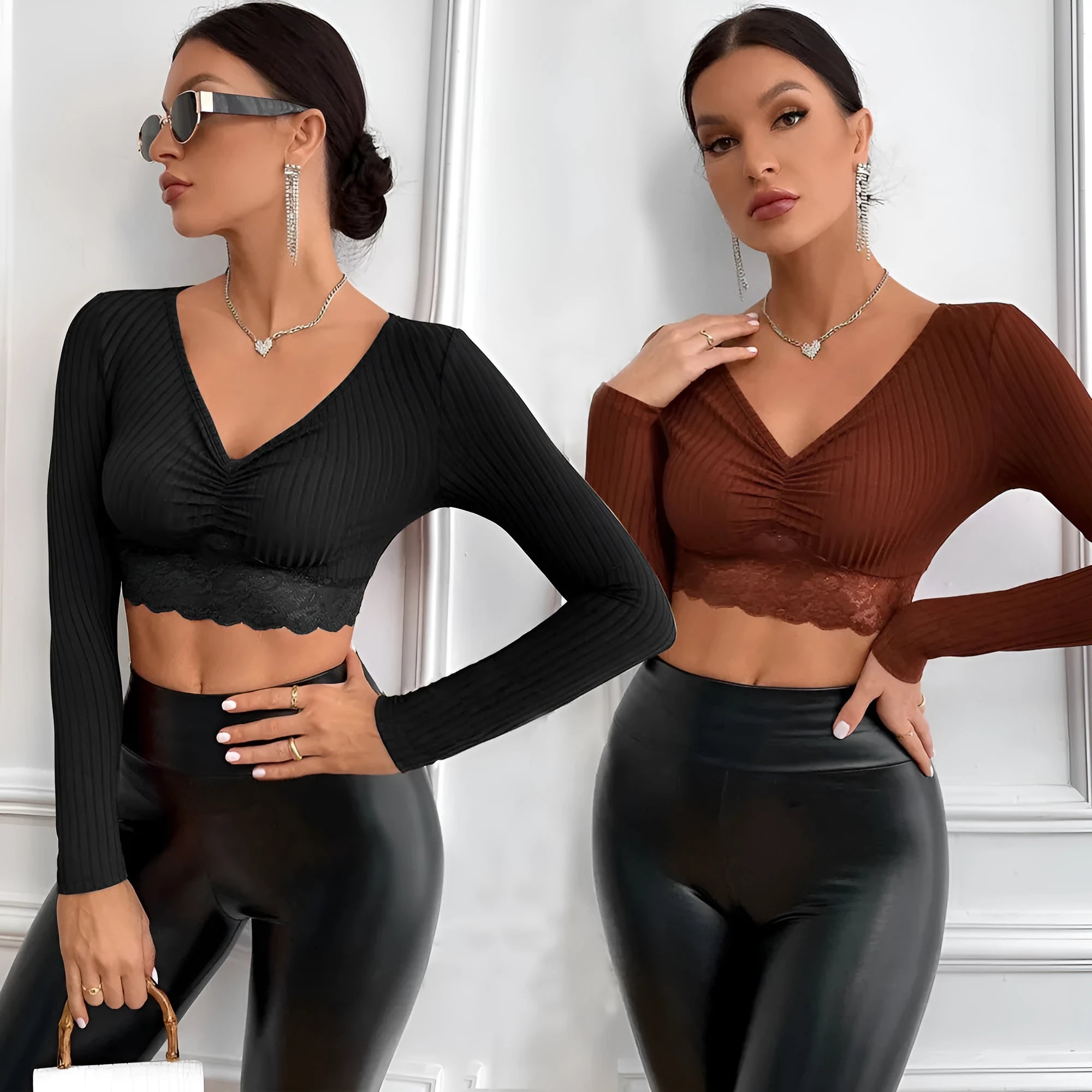 Solid colour women's slim fit long sleeve polyester top in black, front view