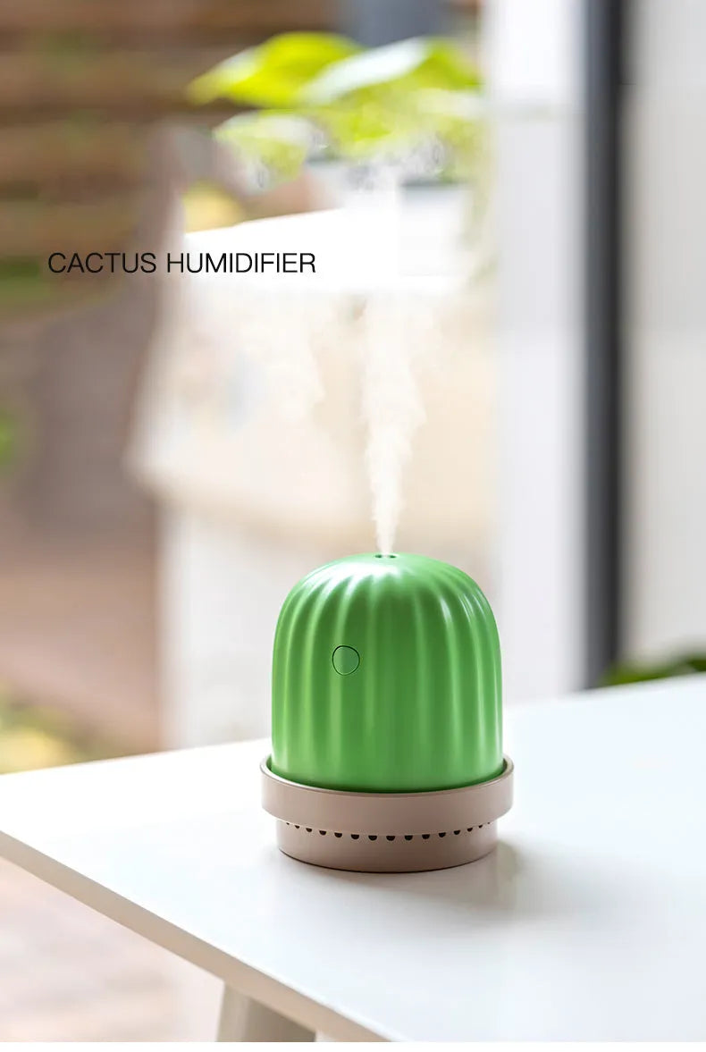 Cactus humidifier night light in green with colourful glow, 260ml tank, USB model