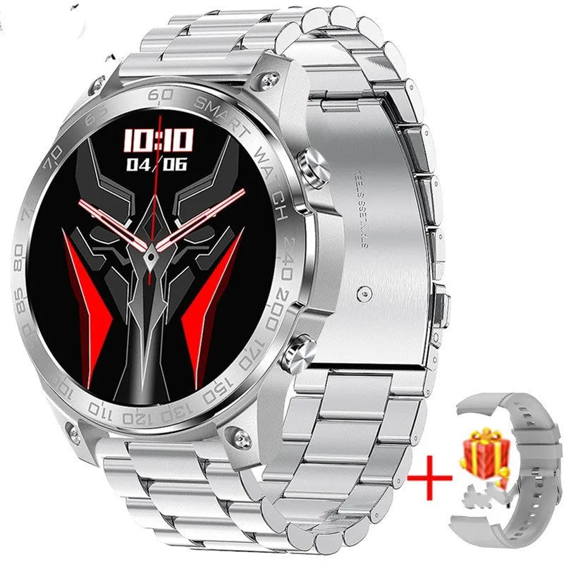 Round dial sports watch with AMOLED screen and silicone strap showing Bluetooth calling and fitness tracking features