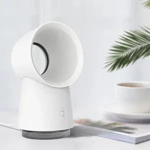 White desktop bladeless fan with USB humidification, 3 speed settings, and LED light on a desk