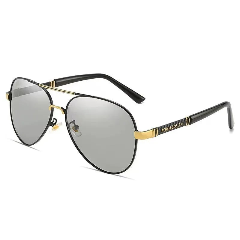 Men's gold metal frame sunglasses with dragon decoration and dark grey polarised lenses
