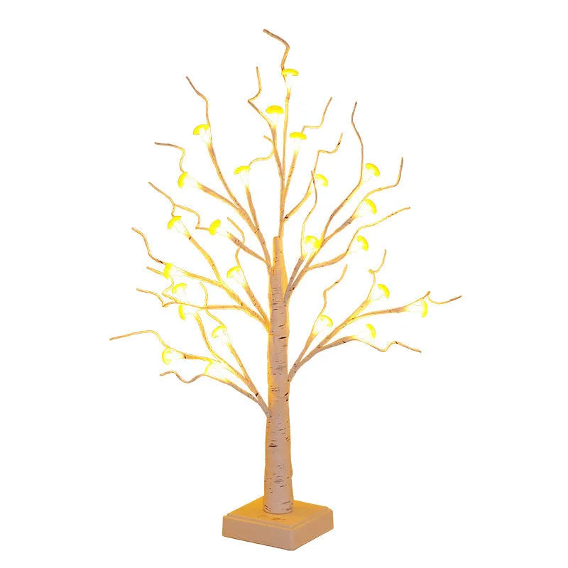 60cm tall white LED birch tree lamp with 24 small plastic mushroom-shaped warm white lights.