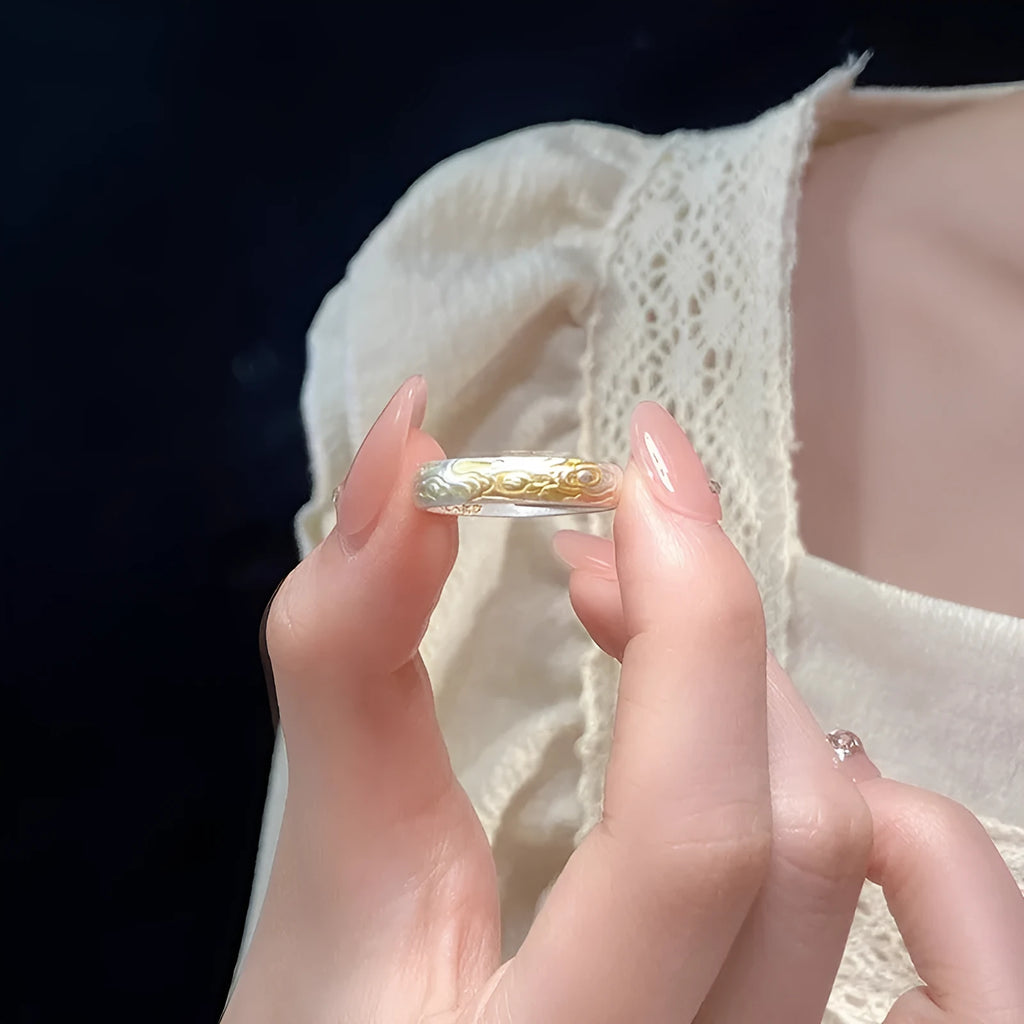 Adjustable open mouth geometric ring with Xiangyun pattern and silver-gold electroplated finish