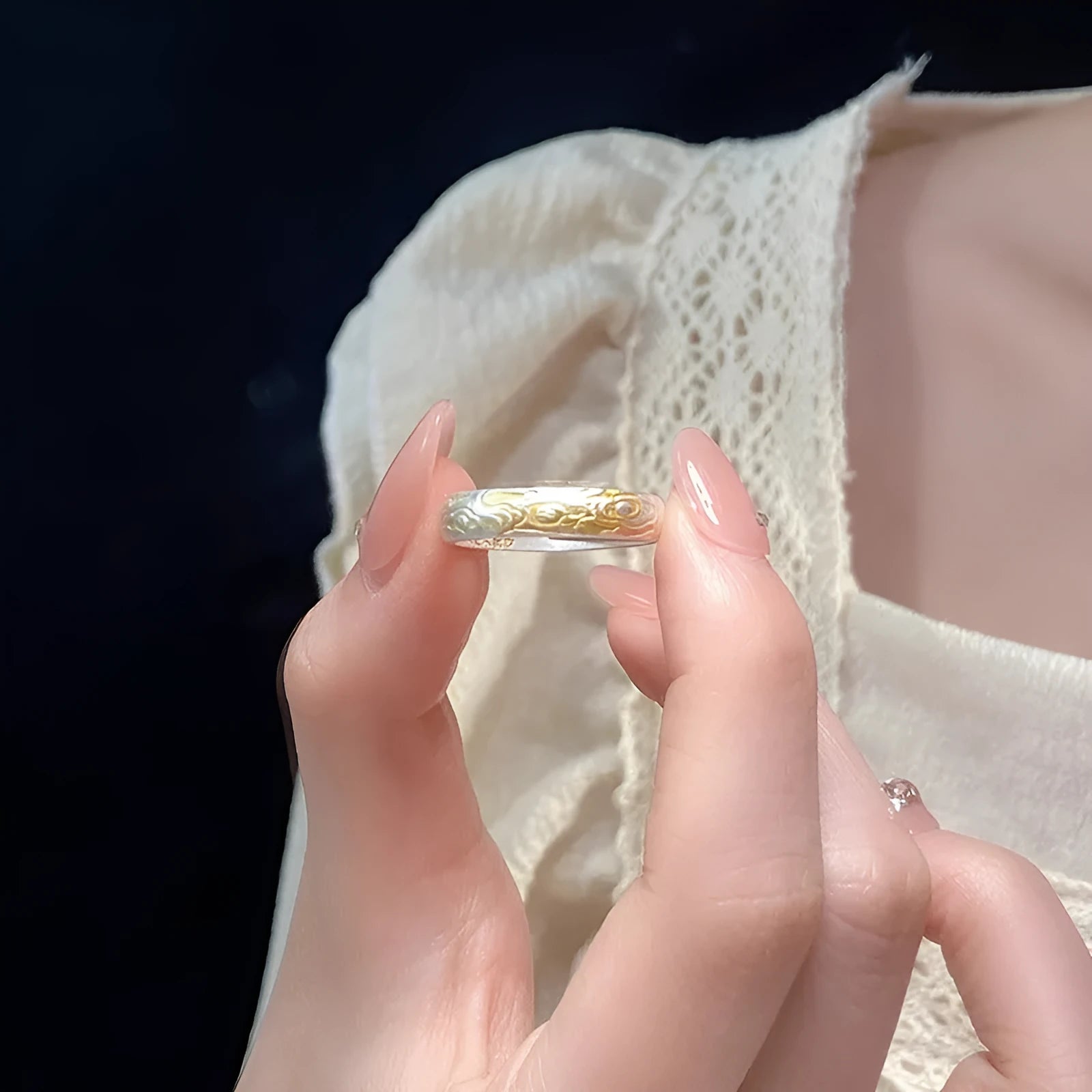 Adjustable open mouth geometric ring with Xiangyun pattern and silver-gold electroplated finish