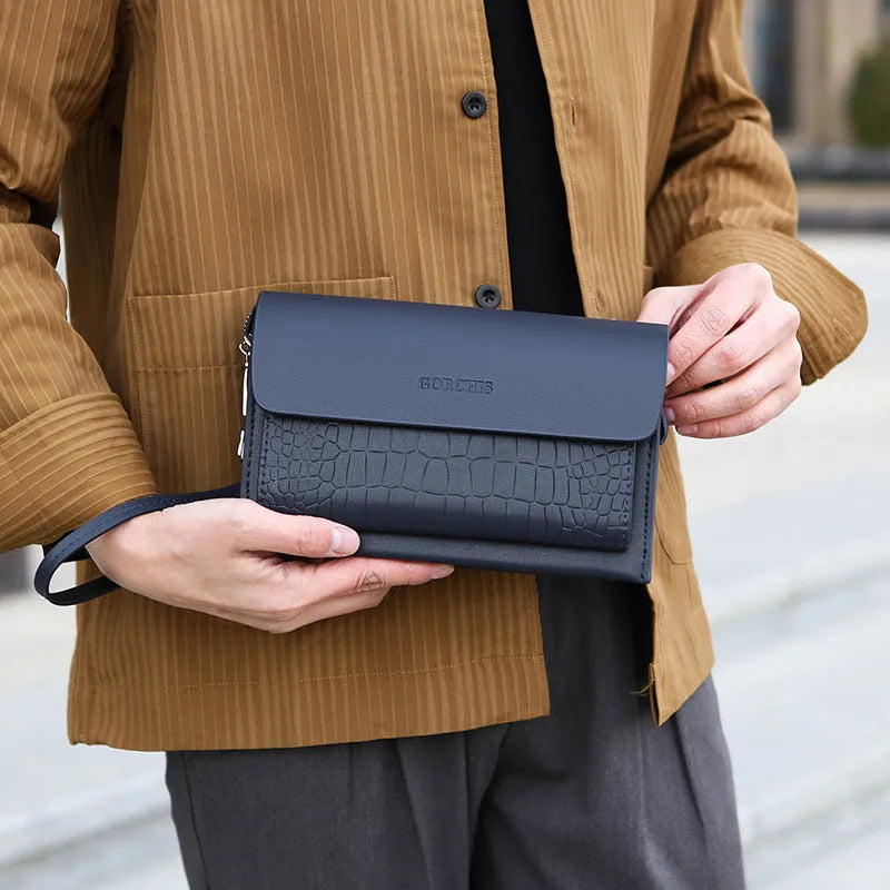 Men's PU clutch with plaid pattern and multiple card slots in black, blue, brown colours