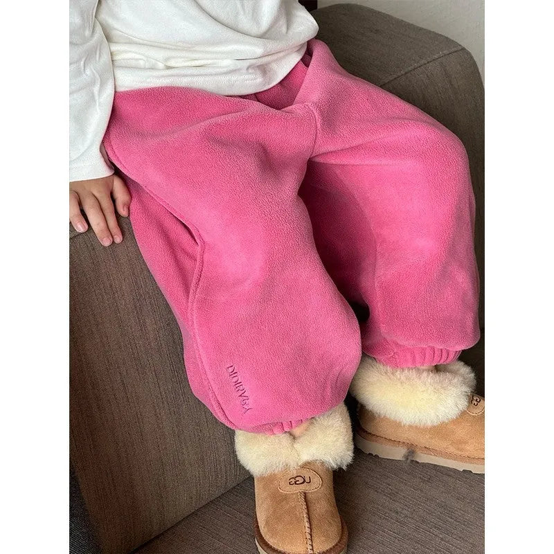 Girls rose red fleece sweatpants on display, casual trousers suitable for heights 90-140cm