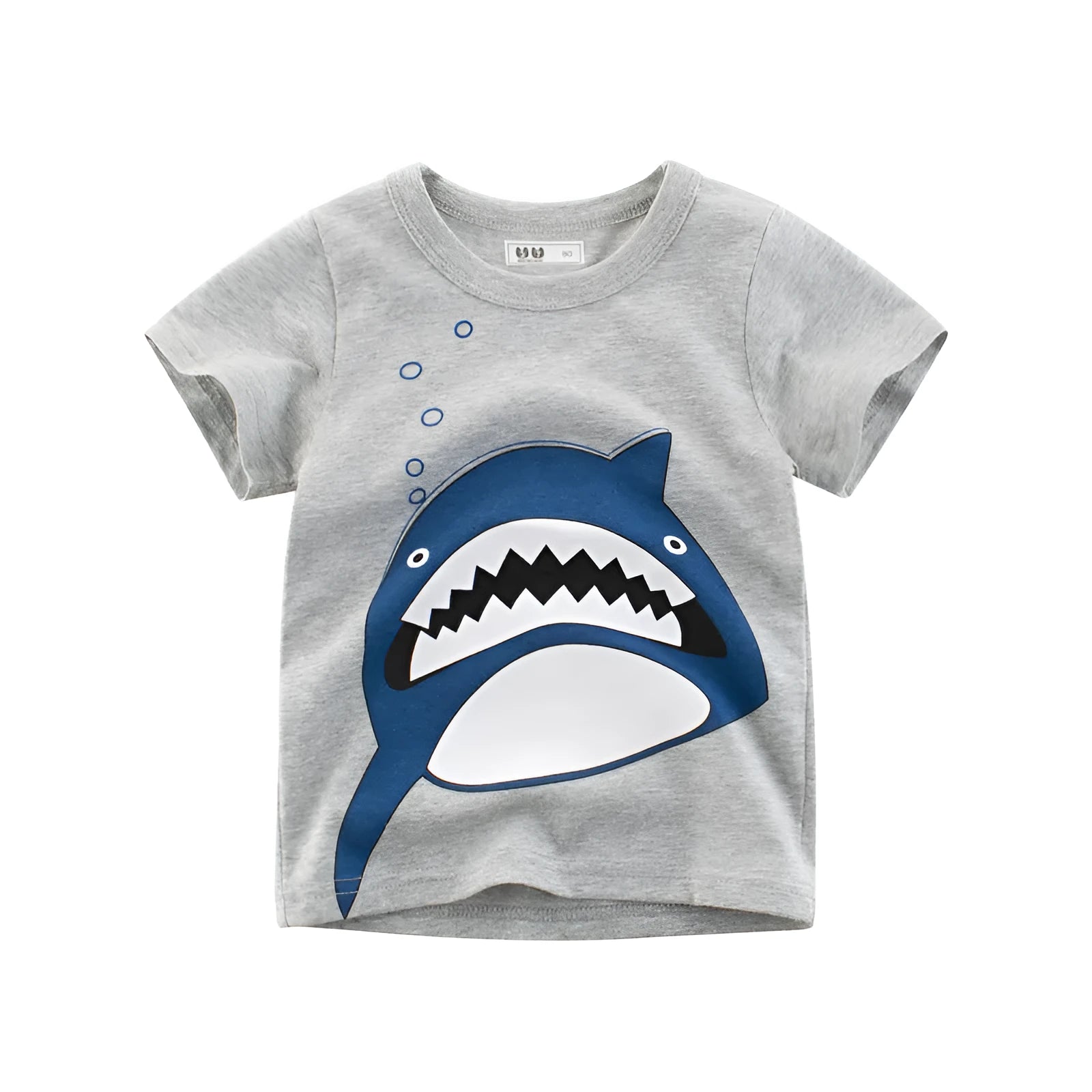 Grey children's cotton T-shirt laid flat, showing size tag with centimetre measurements.