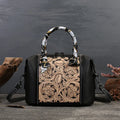 Vintage style genuine leather cowhide messenger bag in black, shown with multiple internal organiser pockets.